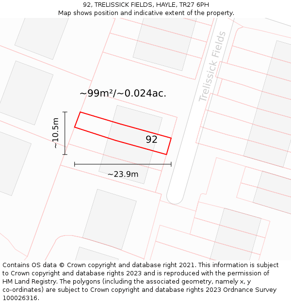 92, TRELISSICK FIELDS, HAYLE, TR27 6PH: Plot and title map