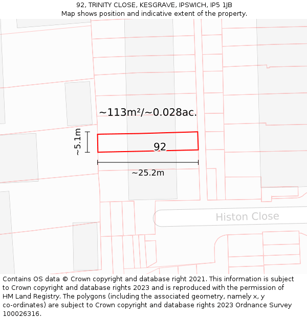 92, TRINITY CLOSE, KESGRAVE, IPSWICH, IP5 1JB: Plot and title map