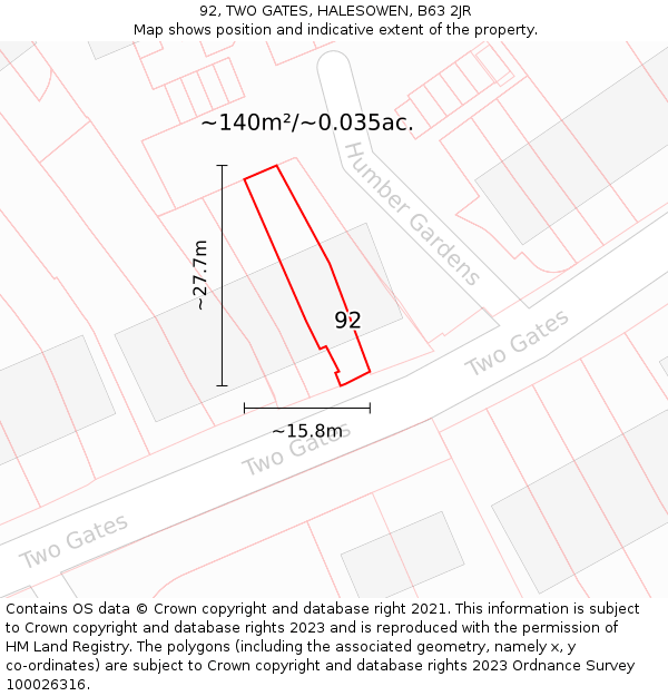 92, TWO GATES, HALESOWEN, B63 2JR: Plot and title map