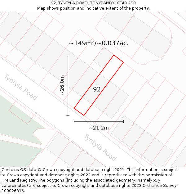 92, TYNTYLA ROAD, TONYPANDY, CF40 2SR: Plot and title map
