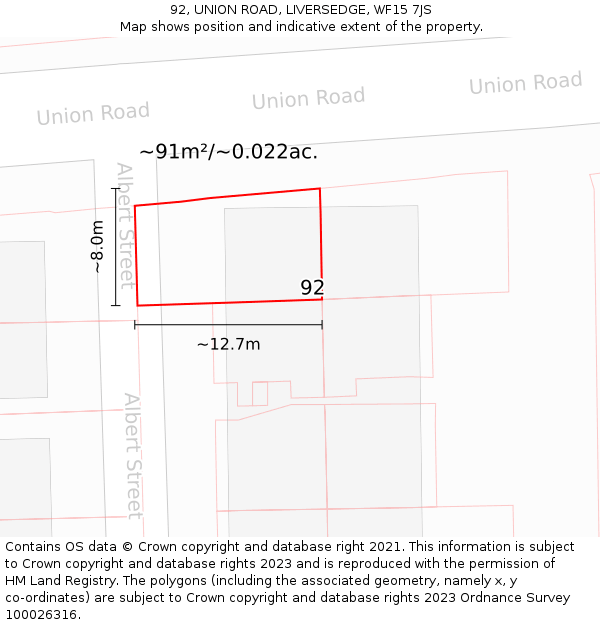92, UNION ROAD, LIVERSEDGE, WF15 7JS: Plot and title map