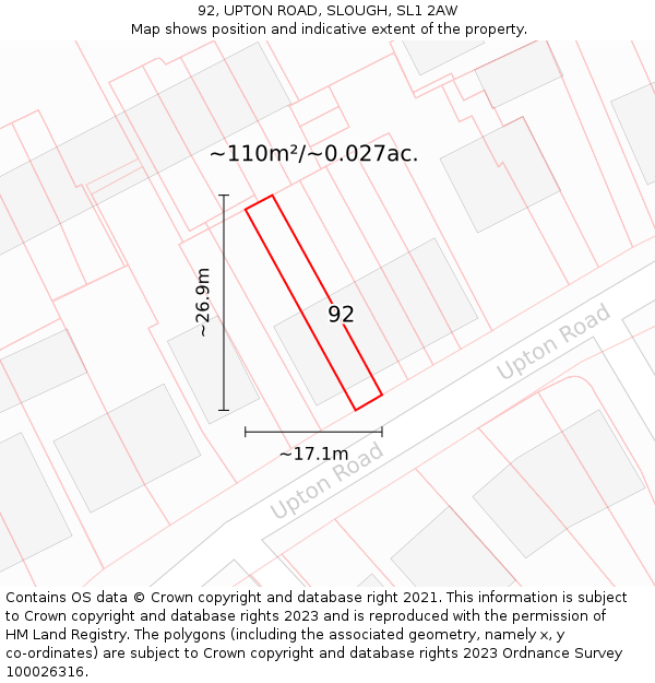 92, UPTON ROAD, SLOUGH, SL1 2AW: Plot and title map