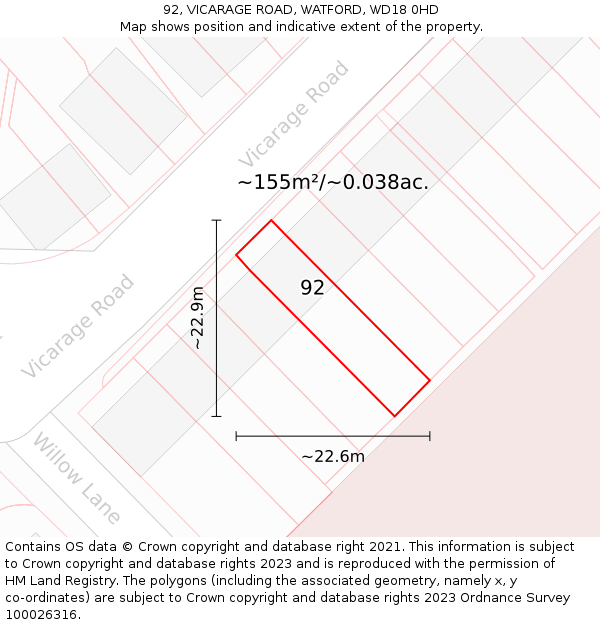 92, VICARAGE ROAD, WATFORD, WD18 0HD: Plot and title map