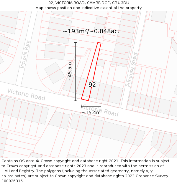 92, VICTORIA ROAD, CAMBRIDGE, CB4 3DU: Plot and title map