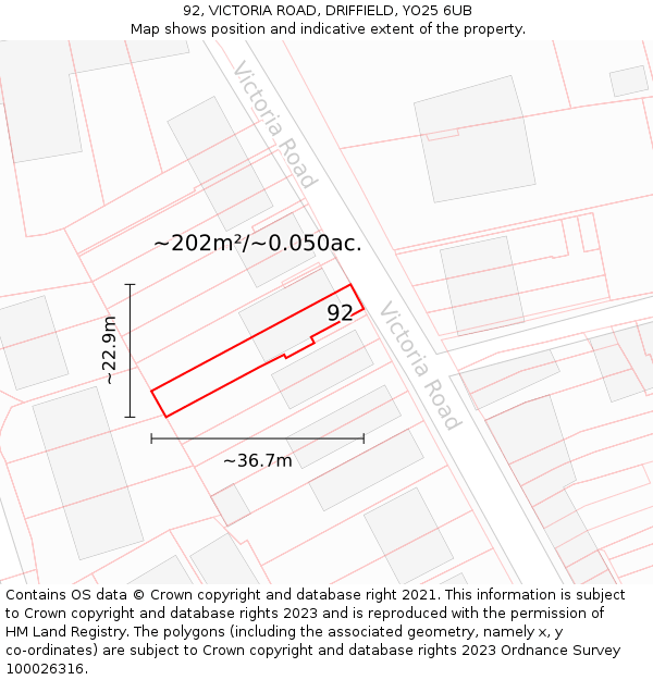 92, VICTORIA ROAD, DRIFFIELD, YO25 6UB: Plot and title map