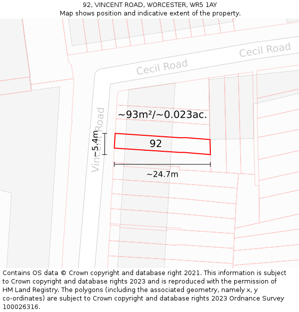 92, VINCENT ROAD, WORCESTER, WR5 1AY: Plot and title map