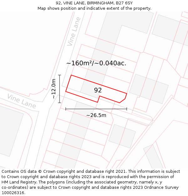 92, VINE LANE, BIRMINGHAM, B27 6SY: Plot and title map