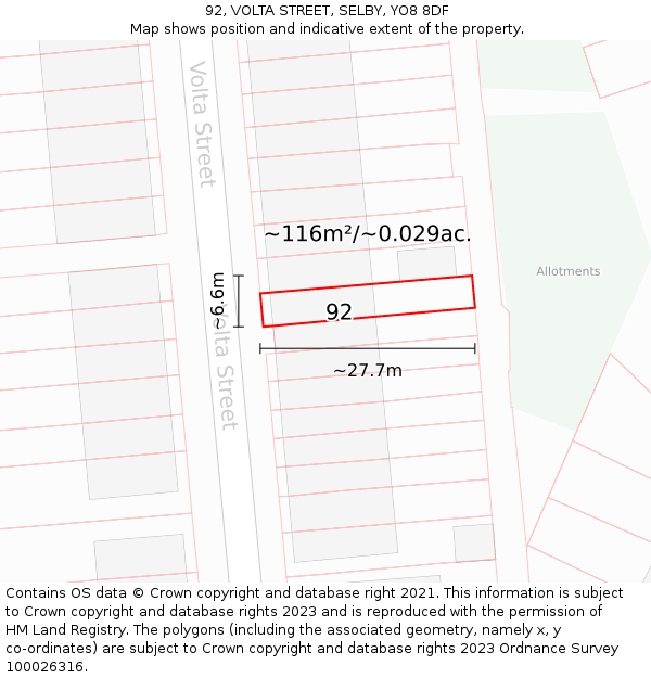92, VOLTA STREET, SELBY, YO8 8DF: Plot and title map