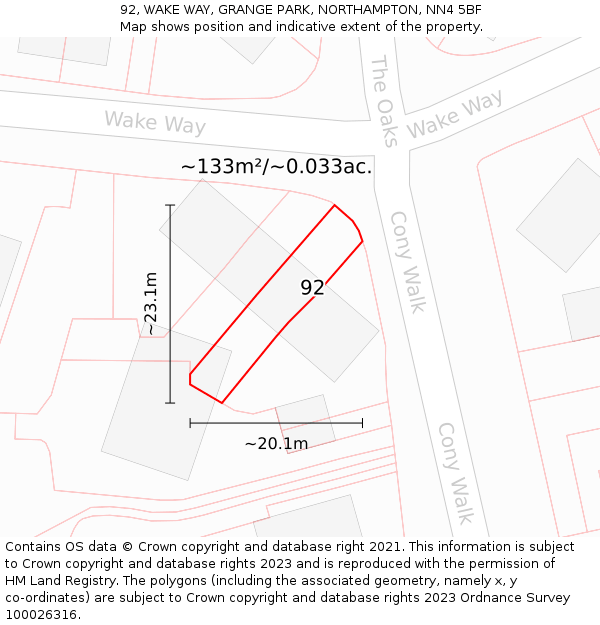 92, WAKE WAY, GRANGE PARK, NORTHAMPTON, NN4 5BF: Plot and title map