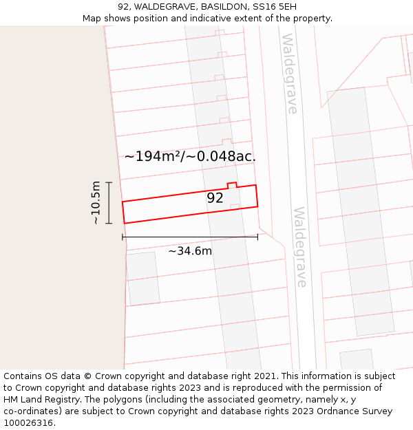 92, WALDEGRAVE, BASILDON, SS16 5EH: Plot and title map