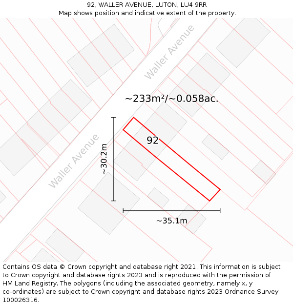 92, WALLER AVENUE, LUTON, LU4 9RR: Plot and title map