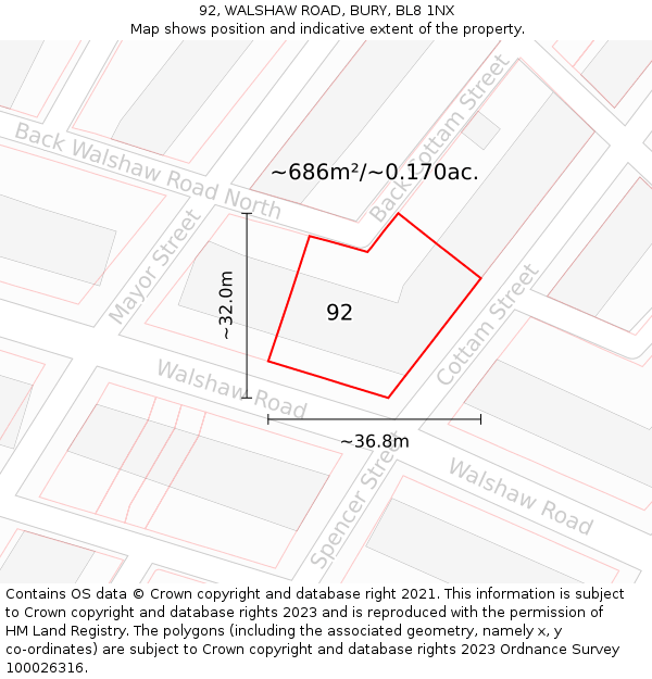 92, WALSHAW ROAD, BURY, BL8 1NX: Plot and title map