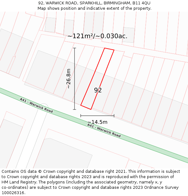 92, WARWICK ROAD, SPARKHILL, BIRMINGHAM, B11 4QU: Plot and title map