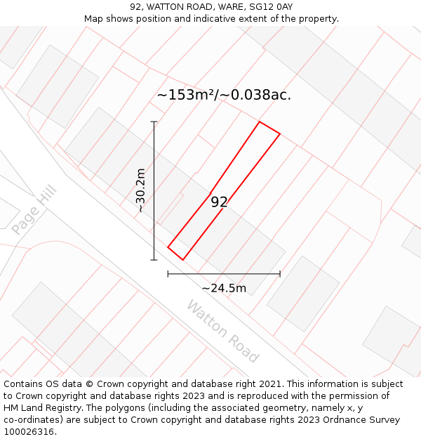 92, WATTON ROAD, WARE, SG12 0AY: Plot and title map