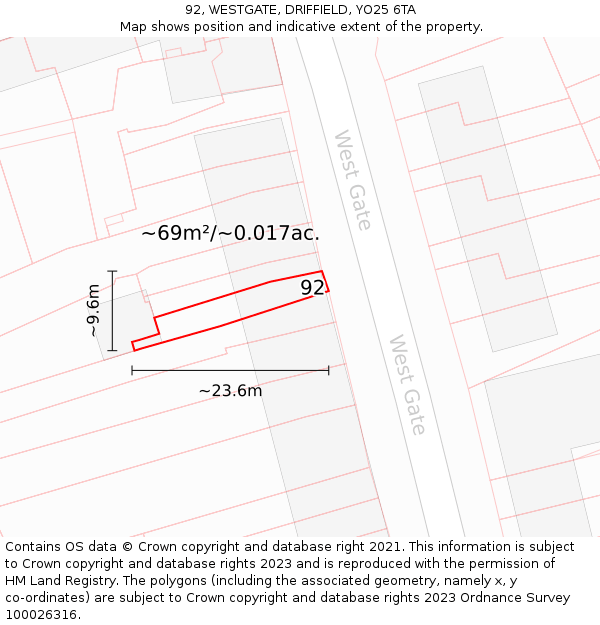 92, WESTGATE, DRIFFIELD, YO25 6TA: Plot and title map