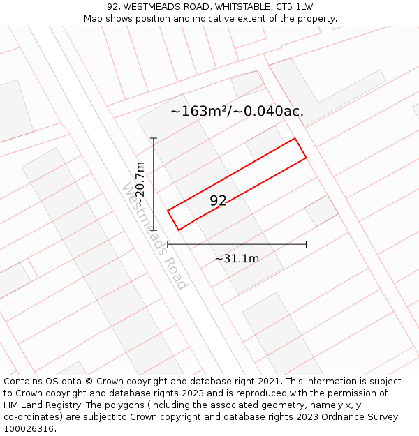 92, WESTMEADS ROAD, WHITSTABLE, CT5 1LW: Plot and title map