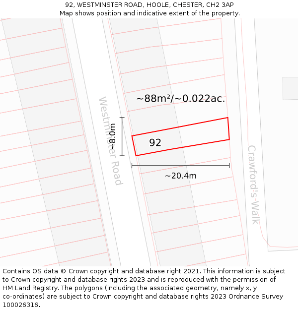 92, WESTMINSTER ROAD, HOOLE, CHESTER, CH2 3AP: Plot and title map