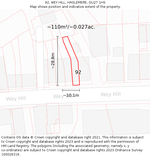 92, WEY HILL, HASLEMERE, GU27 1HS: Plot and title map