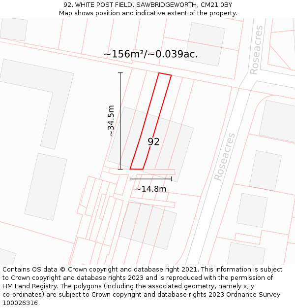 92, WHITE POST FIELD, SAWBRIDGEWORTH, CM21 0BY: Plot and title map