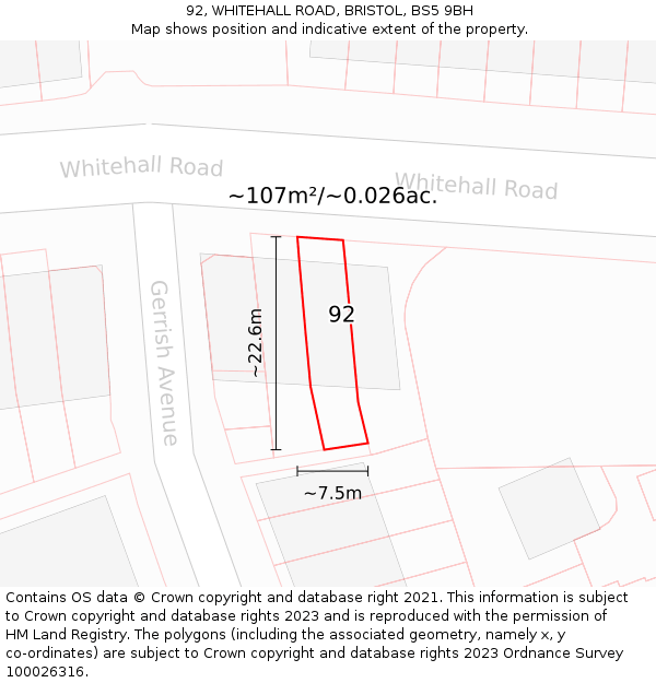 92, WHITEHALL ROAD, BRISTOL, BS5 9BH: Plot and title map