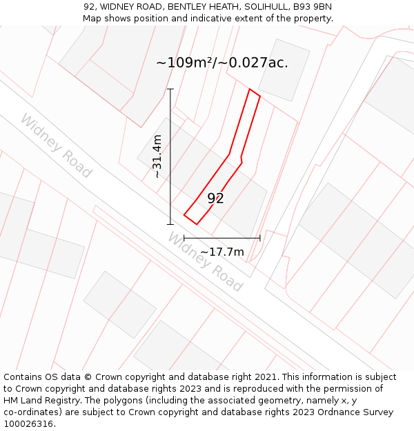 92, WIDNEY ROAD, BENTLEY HEATH, SOLIHULL, B93 9BN: Plot and title map