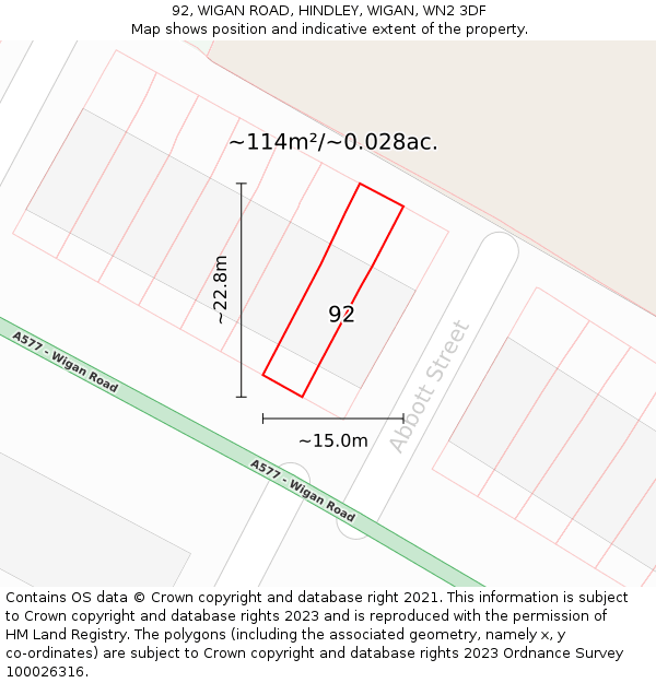 92, WIGAN ROAD, HINDLEY, WIGAN, WN2 3DF: Plot and title map