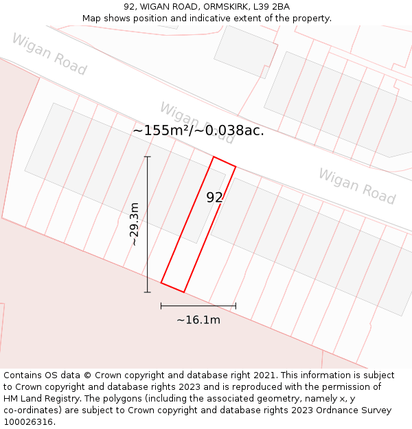 92, WIGAN ROAD, ORMSKIRK, L39 2BA: Plot and title map