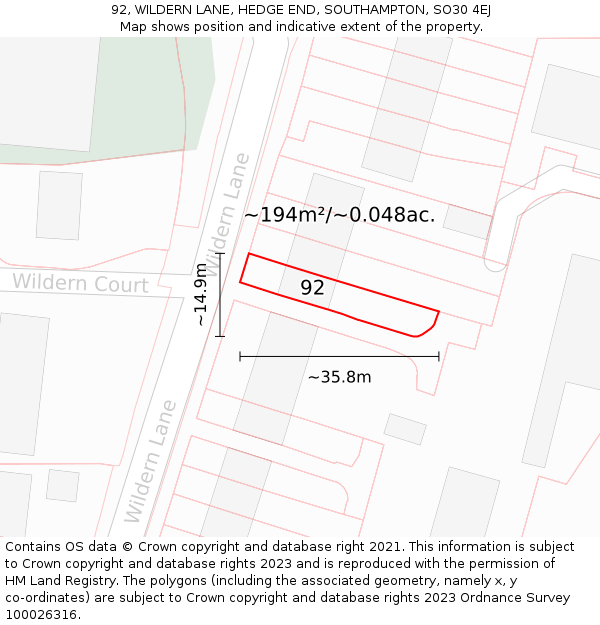 92, WILDERN LANE, HEDGE END, SOUTHAMPTON, SO30 4EJ: Plot and title map