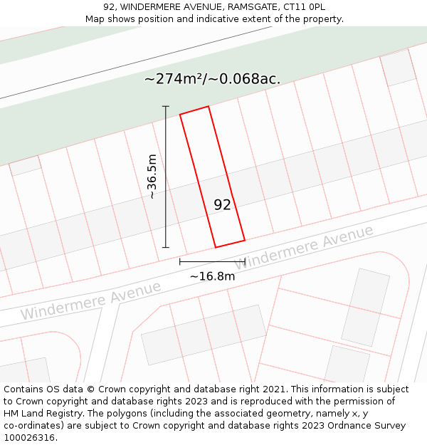 92, WINDERMERE AVENUE, RAMSGATE, CT11 0PL: Plot and title map