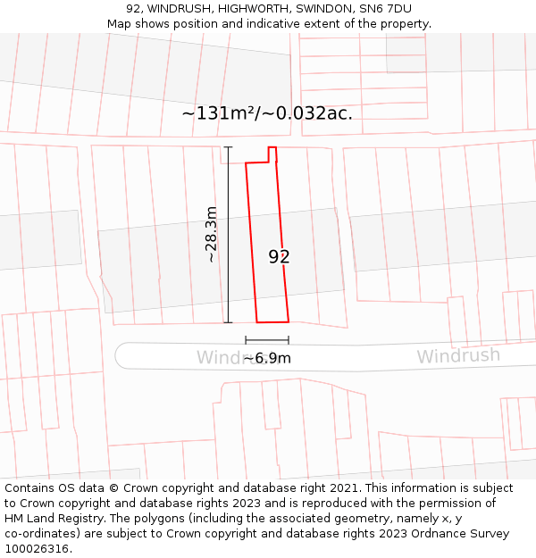 92, WINDRUSH, HIGHWORTH, SWINDON, SN6 7DU: Plot and title map