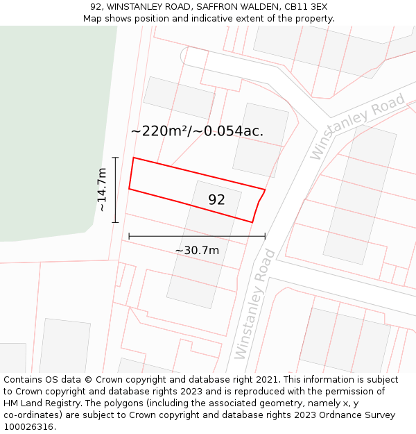 92, WINSTANLEY ROAD, SAFFRON WALDEN, CB11 3EX: Plot and title map