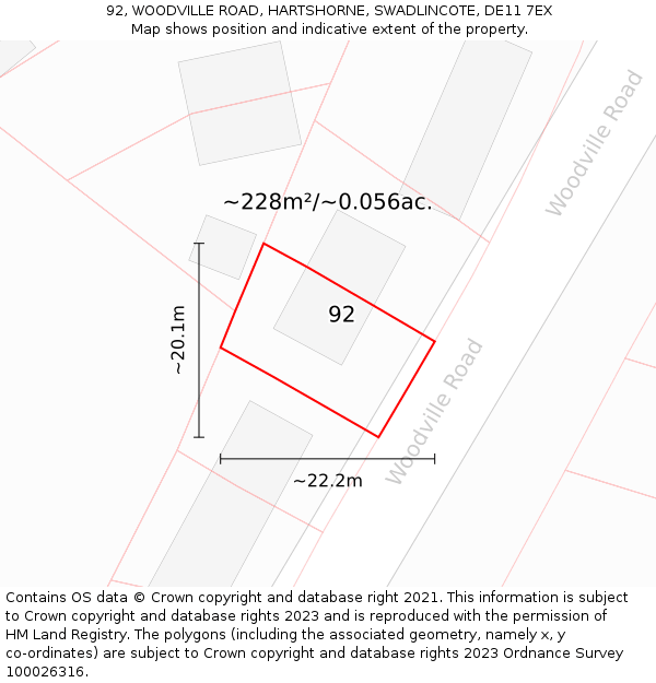 92, WOODVILLE ROAD, HARTSHORNE, SWADLINCOTE, DE11 7EX: Plot and title map