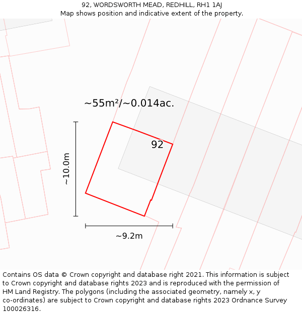92, WORDSWORTH MEAD, REDHILL, RH1 1AJ: Plot and title map