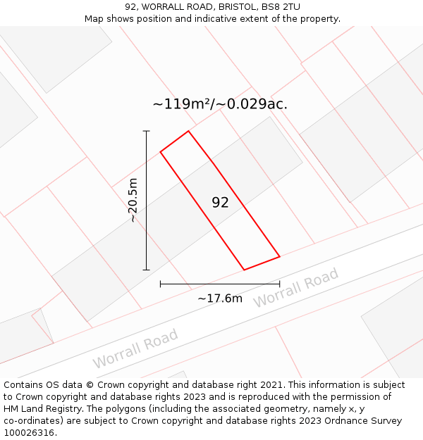 92, WORRALL ROAD, BRISTOL, BS8 2TU: Plot and title map