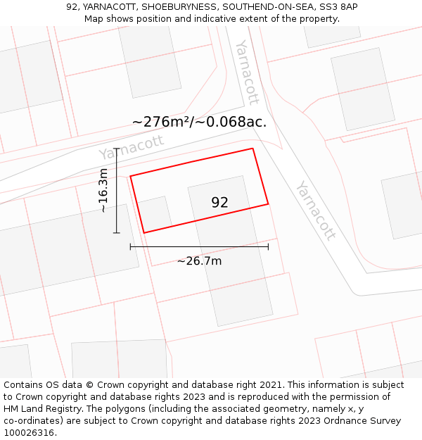 92, YARNACOTT, SHOEBURYNESS, SOUTHEND-ON-SEA, SS3 8AP: Plot and title map