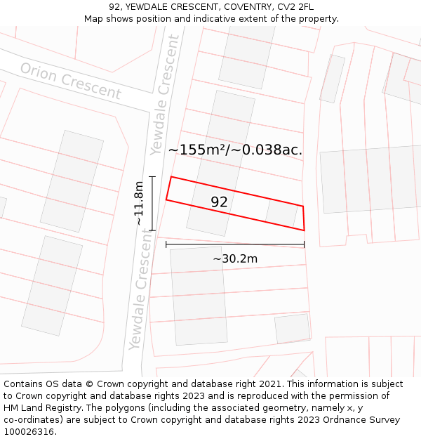 92, YEWDALE CRESCENT, COVENTRY, CV2 2FL: Plot and title map