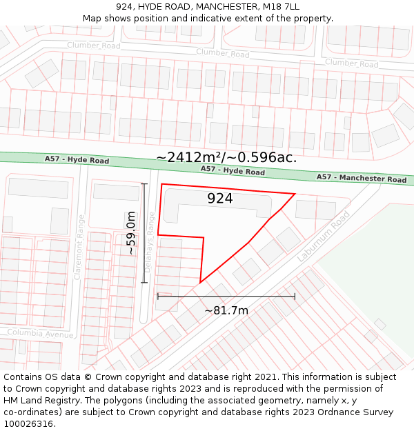 924, HYDE ROAD, MANCHESTER, M18 7LL: Plot and title map
