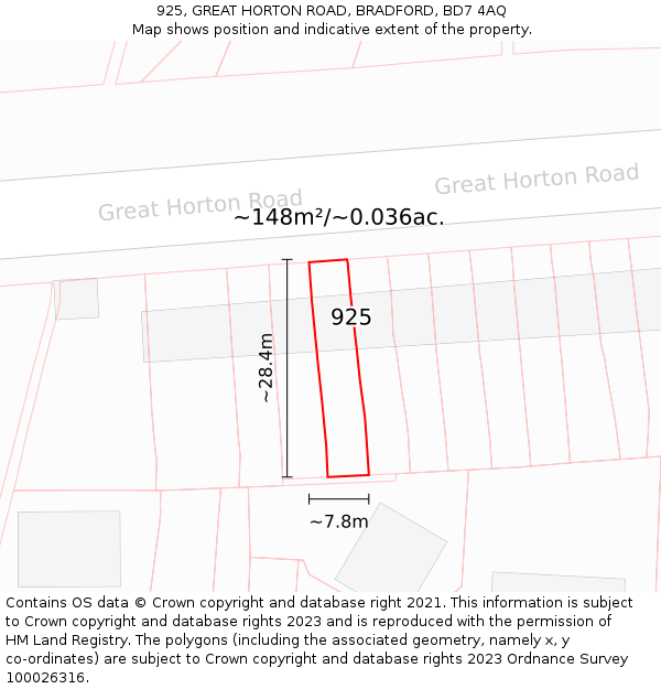 925, GREAT HORTON ROAD, BRADFORD, BD7 4AQ: Plot and title map