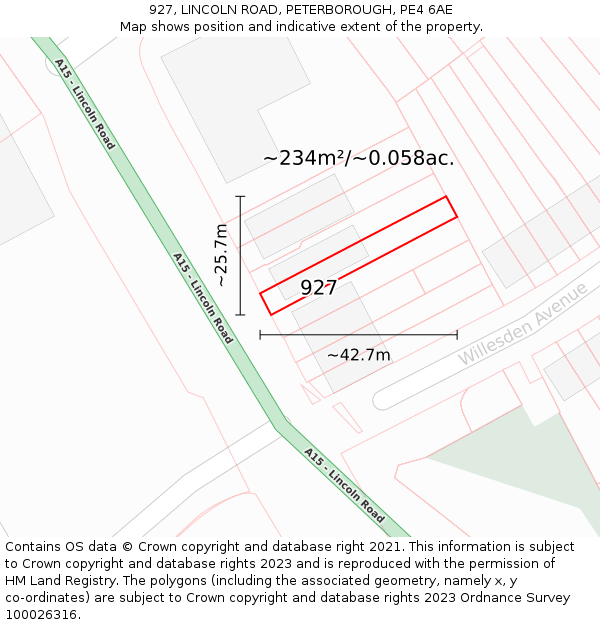 927, LINCOLN ROAD, PETERBOROUGH, PE4 6AE: Plot and title map