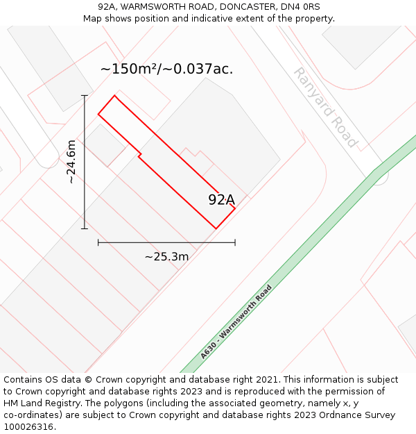 92A, WARMSWORTH ROAD, DONCASTER, DN4 0RS: Plot and title map