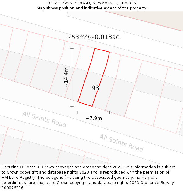 93, ALL SAINTS ROAD, NEWMARKET, CB8 8ES: Plot and title map