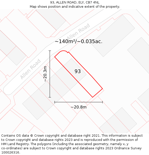 93, ALLEN ROAD, ELY, CB7 4NL: Plot and title map