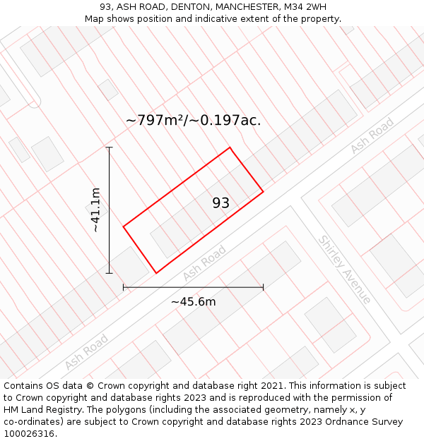 93, ASH ROAD, DENTON, MANCHESTER, M34 2WH: Plot and title map