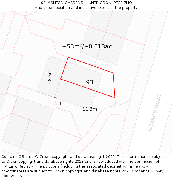 93, ASHTON GARDENS, HUNTINGDON, PE29 7HQ: Plot and title map