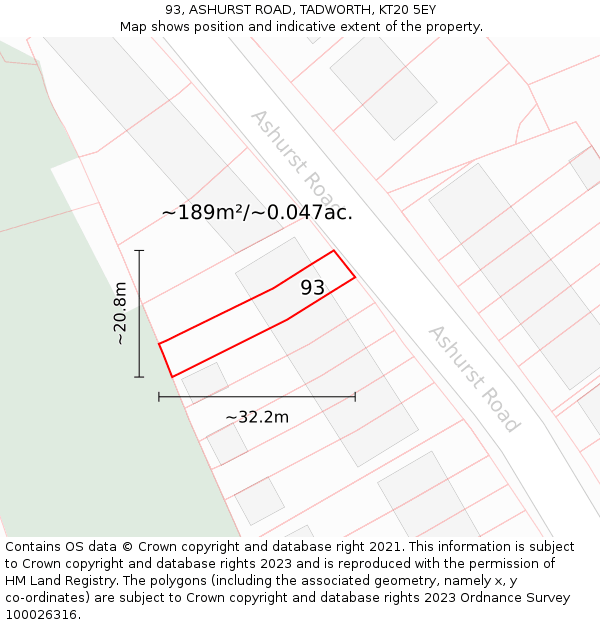 93, ASHURST ROAD, TADWORTH, KT20 5EY: Plot and title map