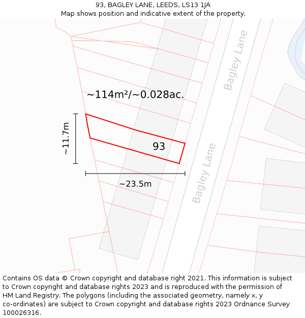 93, BAGLEY LANE, LEEDS, LS13 1JA: Plot and title map