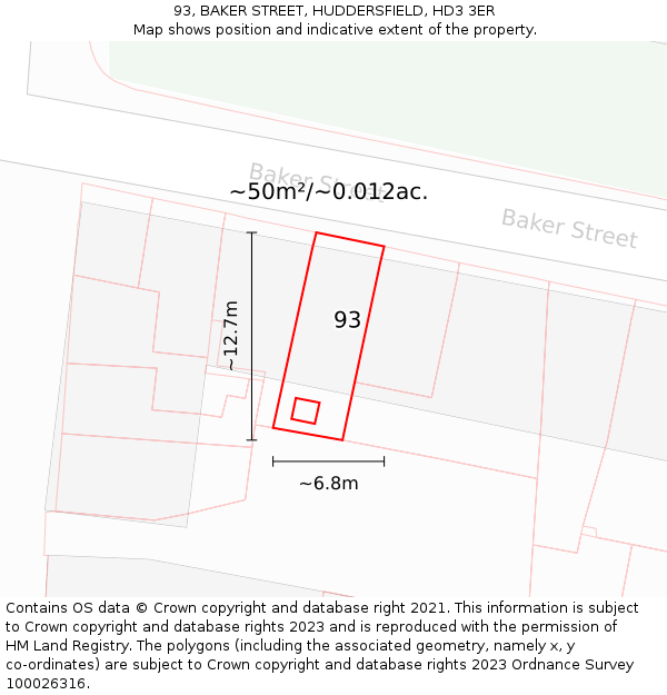 93, BAKER STREET, HUDDERSFIELD, HD3 3ER: Plot and title map