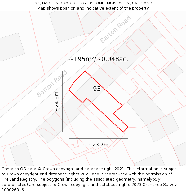 93, BARTON ROAD, CONGERSTONE, NUNEATON, CV13 6NB: Plot and title map