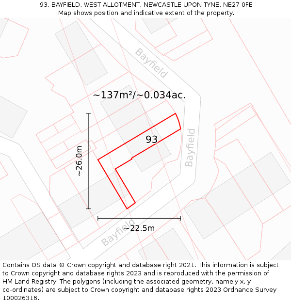 93, BAYFIELD, WEST ALLOTMENT, NEWCASTLE UPON TYNE, NE27 0FE: Plot and title map
