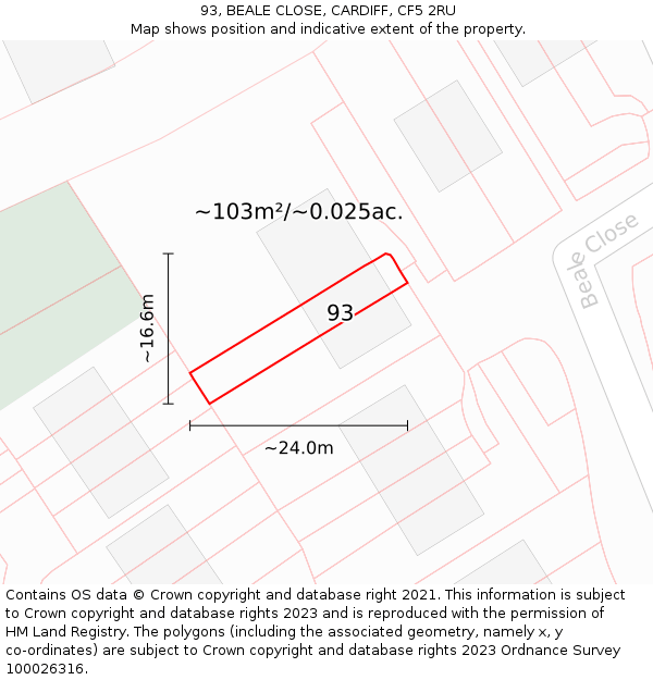 93, BEALE CLOSE, CARDIFF, CF5 2RU: Plot and title map